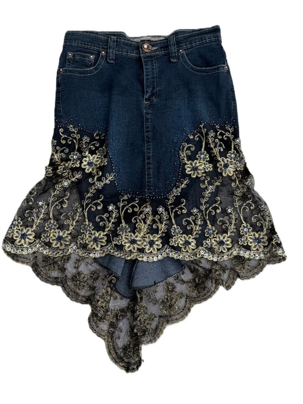 Rare Gazoz beaded lace denim cutout hi-lo skirt